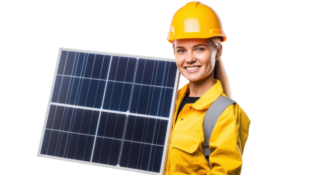 Female engineer holding a solar panel isolated on transparent and white background.PNG image.	

