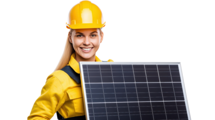 Female engineer holding a solar panel isolated on transparent and white background.PNG image.