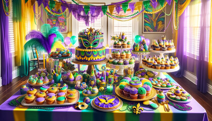 Fototapeta premium Feast of Festivity: Mardi Gras Dessert Table with Highlighted CupcakesFeast of Festivity: Mardi Gras Dessert Table with Highlighted Cupcakes