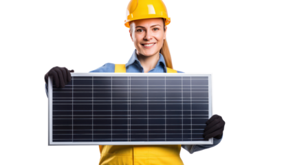 Female engineer holding a solar panel isolated on transparent and white background.PNG image.	
