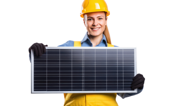 Female engineer holding a solar panel isolated on transparent and white background.PNG image.	
