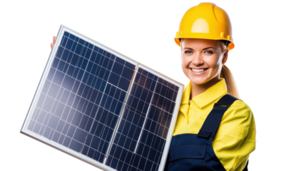 Female engineer holding a solar panel isolated on transparent and white background.PNG image.