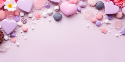 Valentine's Day pink background , including chocolates, flowers, and love-themed decorations, empty copy space for present