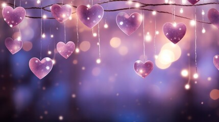 Valentine's Day background concept, soft blend of pink and purple hues, hearts and twinkling lights, empty copy space for present