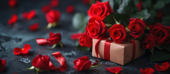 Valentine's Day background concept, red roses and gift box, empty copy space for present