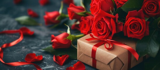 Valentine's Day background concept, red roses and gift box, empty copy space for present