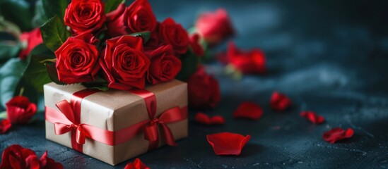 Valentine's Day background concept, red roses and gift box, empty copy space for present