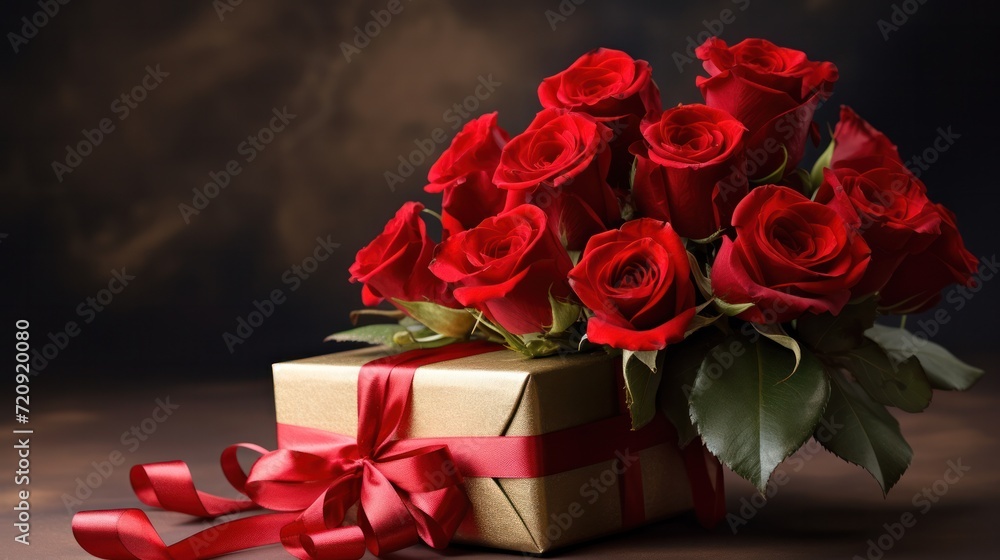 Wall mural valentine's day background concept, red roses and gift box, empty copy space for present