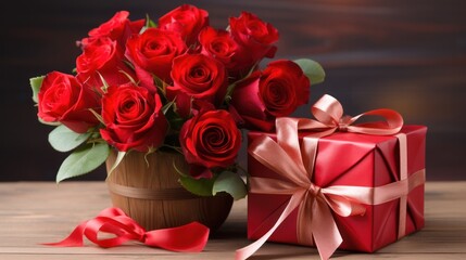 Valentine's Day background concept, red roses and gift box, empty copy space for present