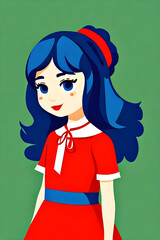 cute cartoon illustration of a smiling little brunette girl wearing a red and white dress with a blue belt