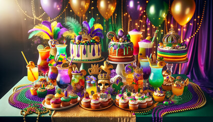 Fototapeta na wymiar Feast of Festivity: Mardi Gras Dessert Table with Highlighted CupcakesFeast of Festivity: Mardi Gras Dessert Table with Highlighted Cupcakes
