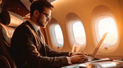 Fototapeta premium Businessman working with laptop at commercial airplane