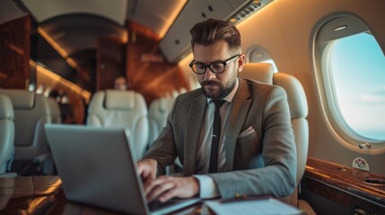 Businessman working with laptop at commercial airplane