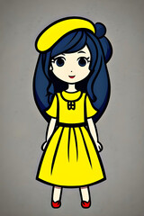 cute cartoon illustration of a fashionable smiling little girl wearing a yellow dress, red shoes, and a yellow beret on her long dark hair