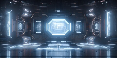 Spaceship inside futuristic technology style, High tech booth, metallic texture.