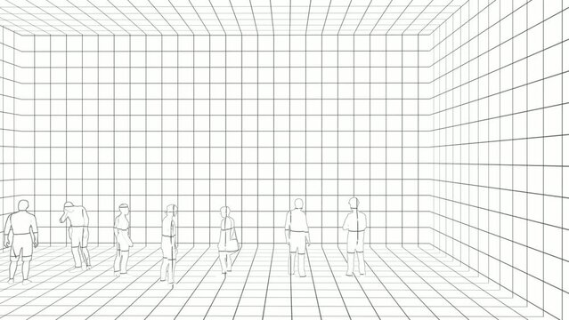 One-line drawing animation of a group of men standing