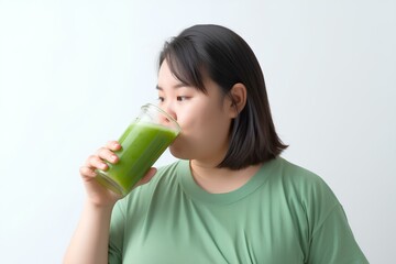 青汁を飲むぽっちゃり女性