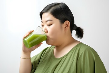 青汁を飲むぽっちゃり女性