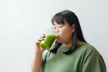 青汁を飲むぽっちゃり女性