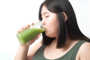 青汁を飲むぽっちゃり女性