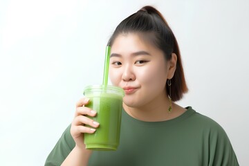 青汁を飲むぽっちゃり女性