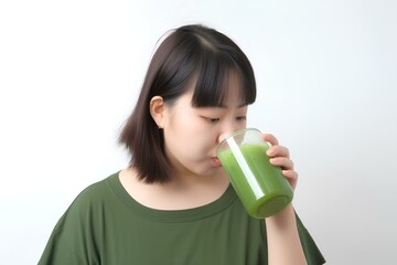 青汁を飲むぽっちゃり女性