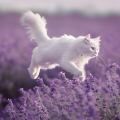 white cat playing in a lavander field