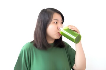 青汁を飲むぽっちゃり女性