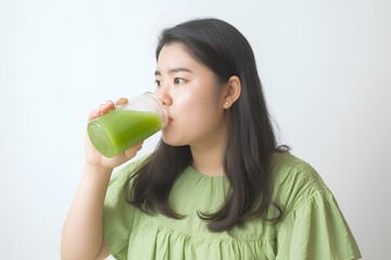 青汁を飲むぽっちゃり女性