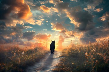 silhouette of a black cat following a path to the horizon