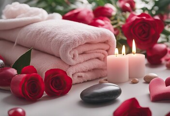 Fototapeta na wymiar Valentine's Day stones towel hearts background spcomposition light flowers Beautiful