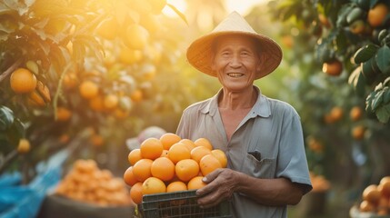 Asian farmer holding fresh Orange at farm and sunlight