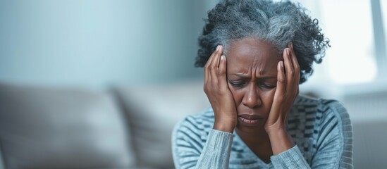 Senior woman black people with depression sitting with her head in her hands at home