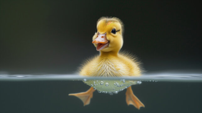 Cute newborn duckling, baby duck swimming half in the water and half outside of water with copy space for text