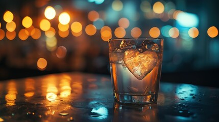 a heart - shaped ice cube in a glass of water on a table in a dark room with lights in the background - obrazy, fototapety, plakaty