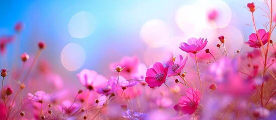 Obraz na płótnie Canvas Breath-taking Floral Beauty: Vibrant Flowers in Soft Focus against the Serene Sky