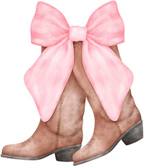 Coquette Cowgirl Boots and pink ribbon bow watercolor