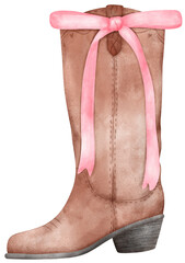 Coquette Cowgirl Boots and pink ribbon bow watercolor