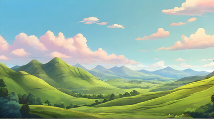 Natural scenery with hills and lakes. Nature background. Cartoon or anime illustration style.