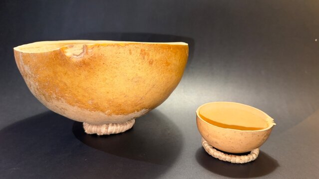 close-up of a typical container made from the fruit of the tecomate or morro tree.  black background with copy space