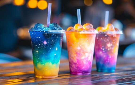 Colorful of milk bubble tea on the table.