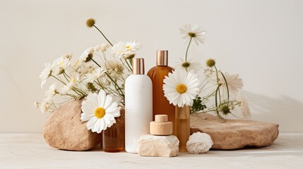 Product photography, skincare products inspired by nature, ceramic materials