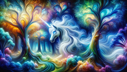 A unicorn stands in a surreal forest, where reality bends into a whirl of vibrant colors, inviting one to believe in the magic of imagination. - obrazy, fototapety, plakaty