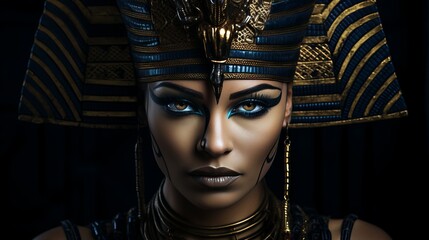 Ancient female egyptian pharaoh statue in traditional attire and regal pose