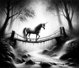 A unicorn in striking monochrome strides across a foggy, mystical bridge, casting an air of enchantment and timeless allure.