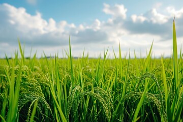 Obraz premium a brown rice field surrounded by a field full of tall grass