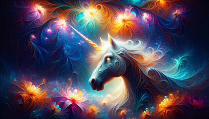 Starlight Unicorn Reverie.
Majestic unicorn amidst a starry, floral dreamscape.