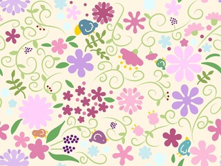 花と鳥のシームレスパターン　C-3