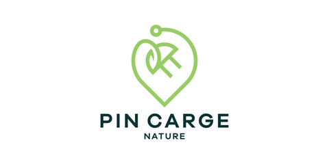 logo design combining the shape of a plug with a pin, logo design for a charging station. - obrazy, fototapety, plakaty