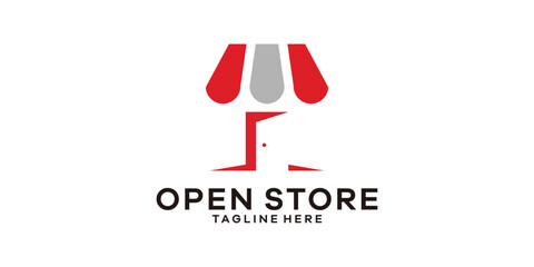 logo design combination of shop shape with door, open store logo design.